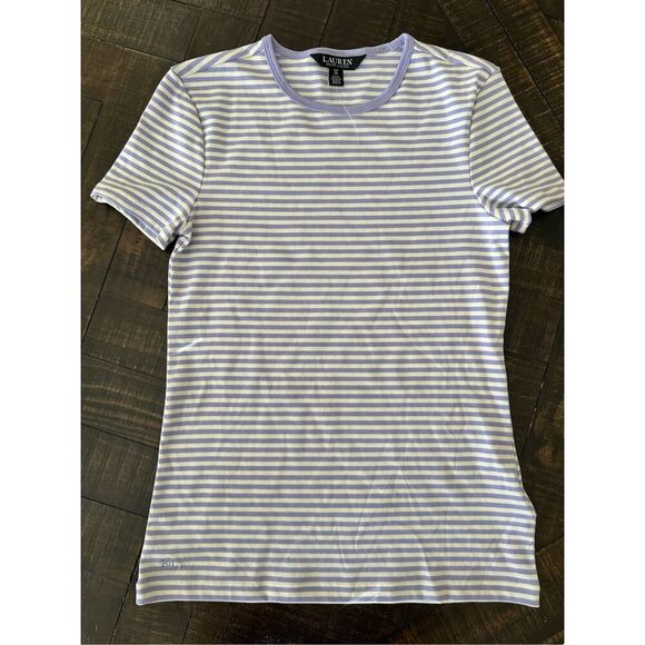 Lauren by Ralph Lauren Purple and White Stripe Short Sleeve T Shirt Size Small - Picture 2 of 6